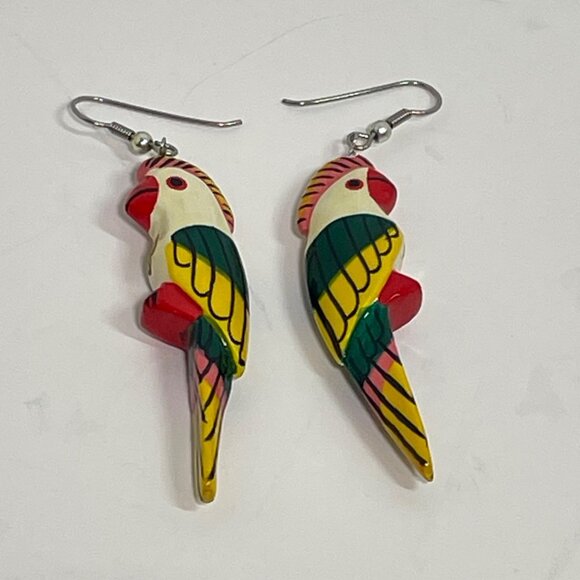 Hand-Painted wooden Parrot Dangle Earrings with Vibrant Tropical Colors - Picture 2 of 7